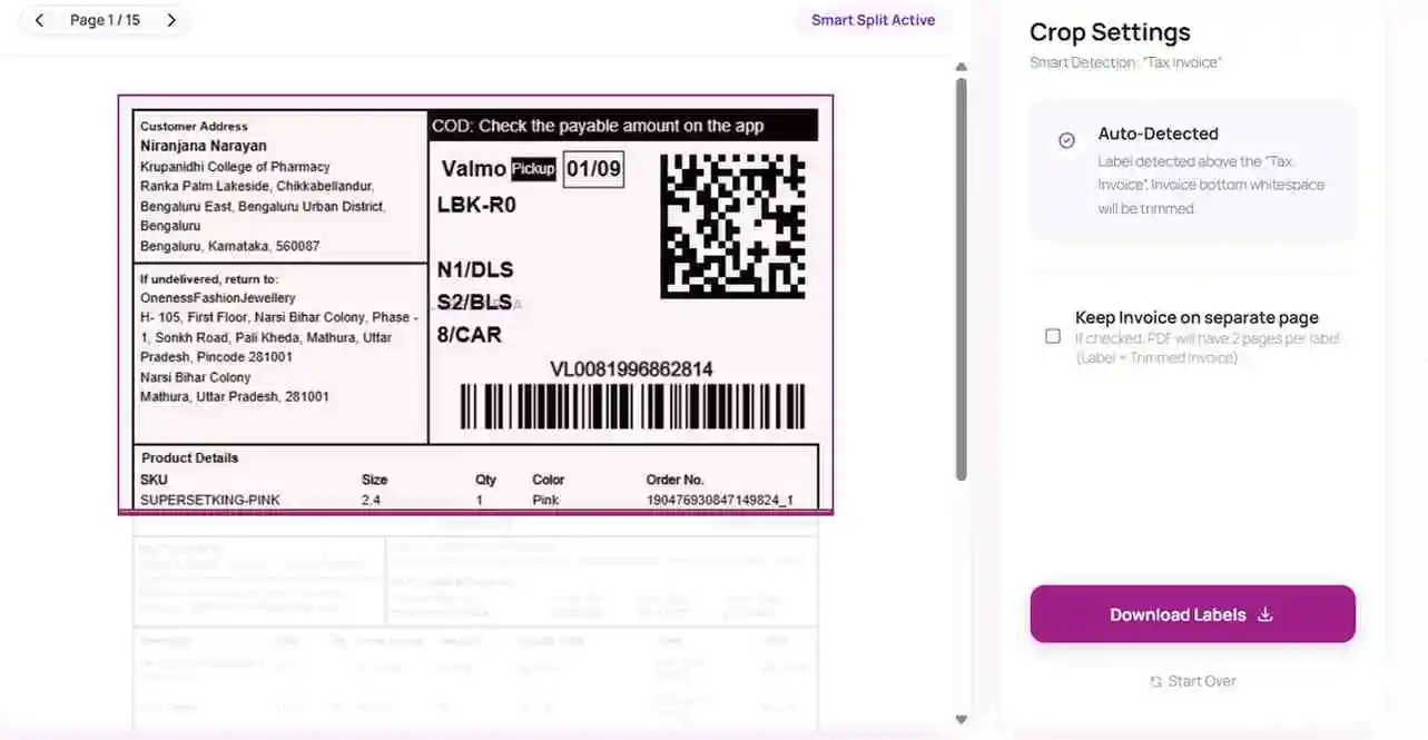 Meesho Shipping Label Smart Cropper - WebTools Deck